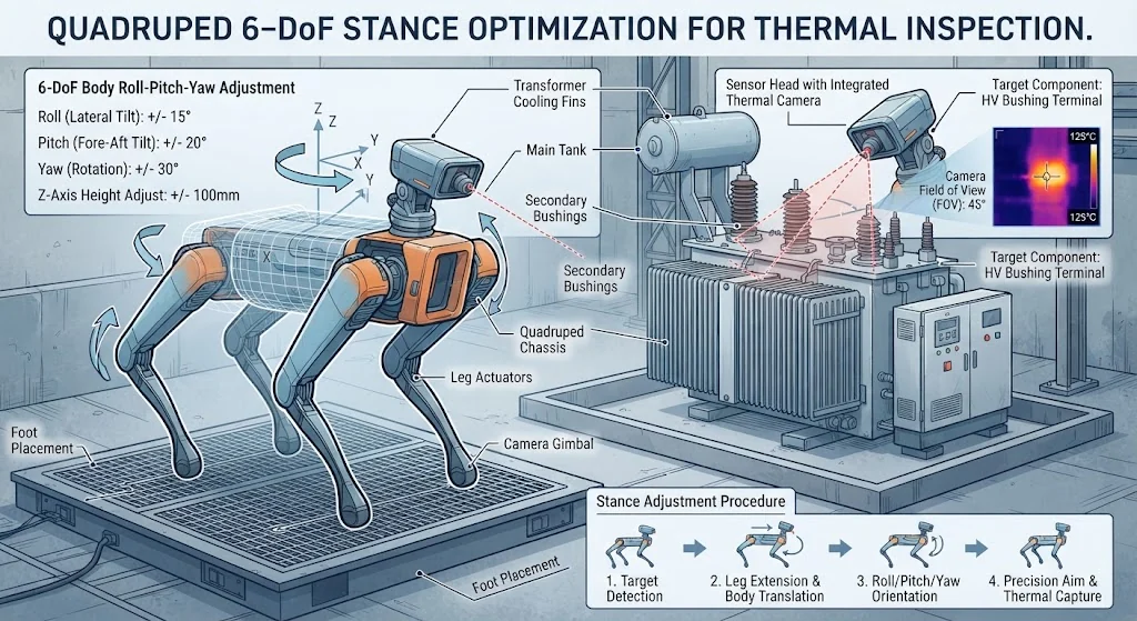 Technical illustration of quadruped adjusting 6-DoF body roll pitch yaw stance to precisely aim thermal camera at electrical transformer