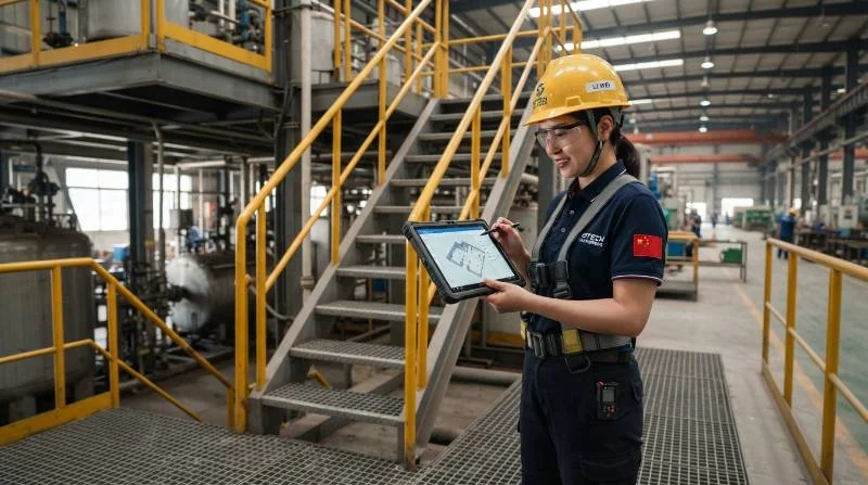 Site survey engineer using a tablet to map physical obstacles and steel stairs in an industrial plant
