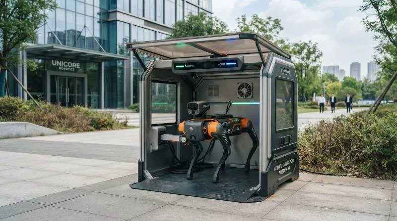 Weatherproof automated charging dock station with an industrial robot dog docked inside receiving charge
