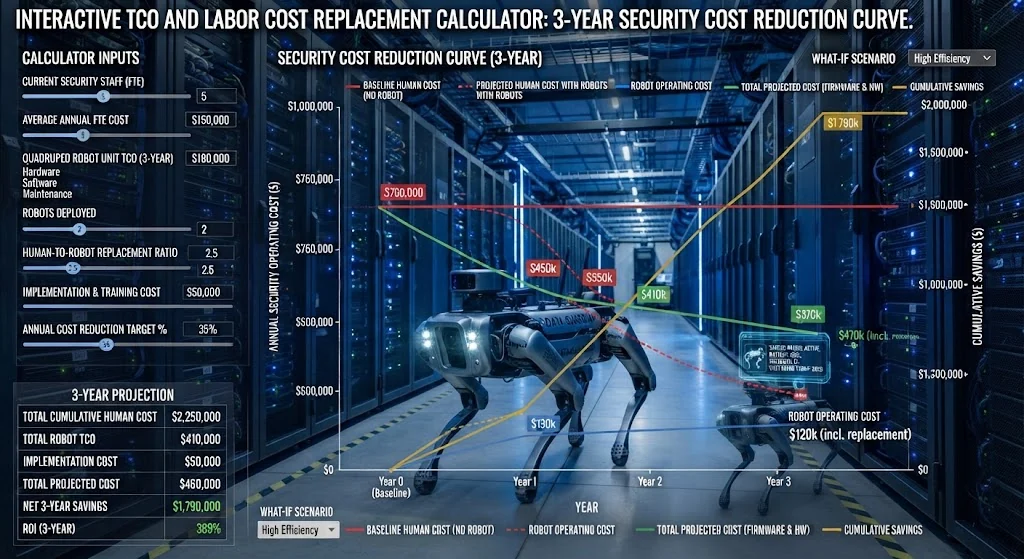 Interactive TCO and labor cost replacement calculator chart showing 3-year security cost reduction curve