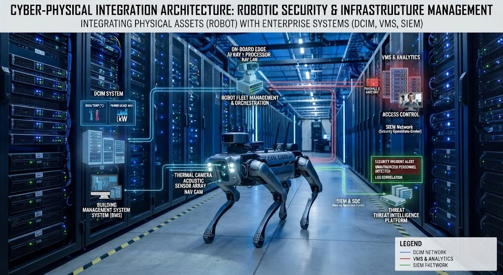 Cyber-physical integration architecture schema showing robot interfacing with DCIM, VMS, and SIEM networks