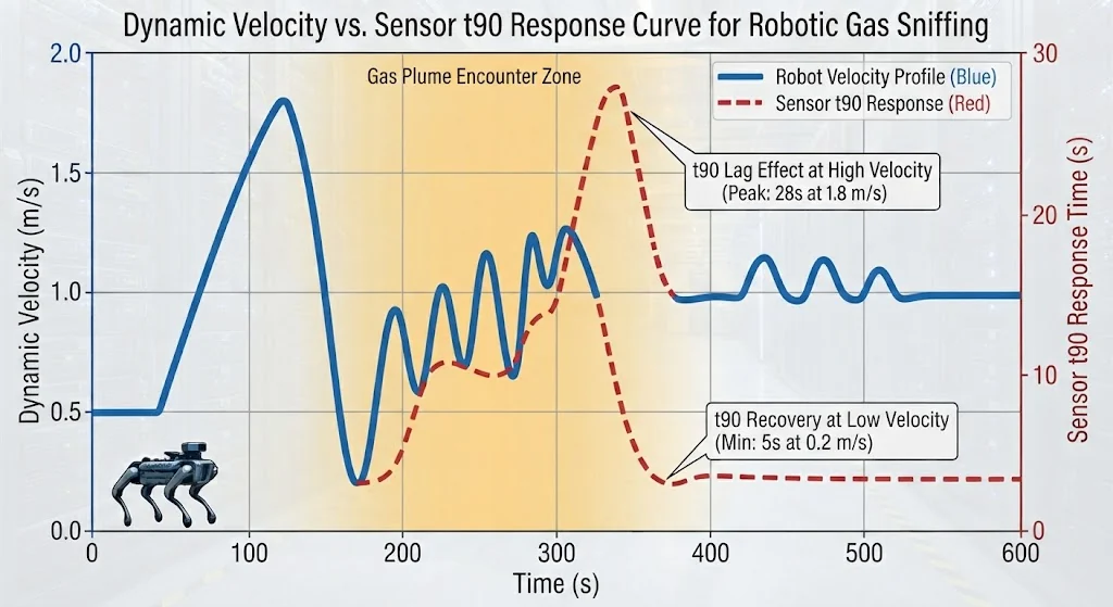 Technical line graph showing Dynamic Velocity vs Sensor t90 Response Curve Graph for robotic gas sniffing
