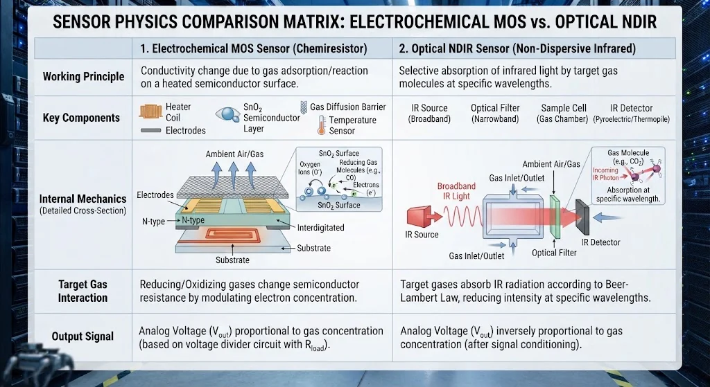  Sensor Physics Comparison Matrix diagram showing Electrochemical MOS and Optical NDIR sensor internal mechanics
