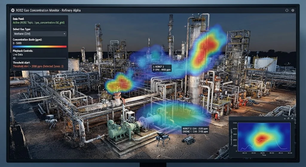 3D Spatial ROS2 Gas Concentration Heatmap Visualization overlaid on petrochemical refinery point cloud