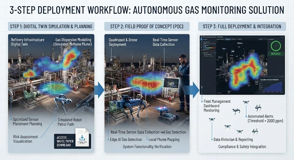 3-Step Deployment Workflow Infographic showing whitepaper download digital twin simulation and field POC