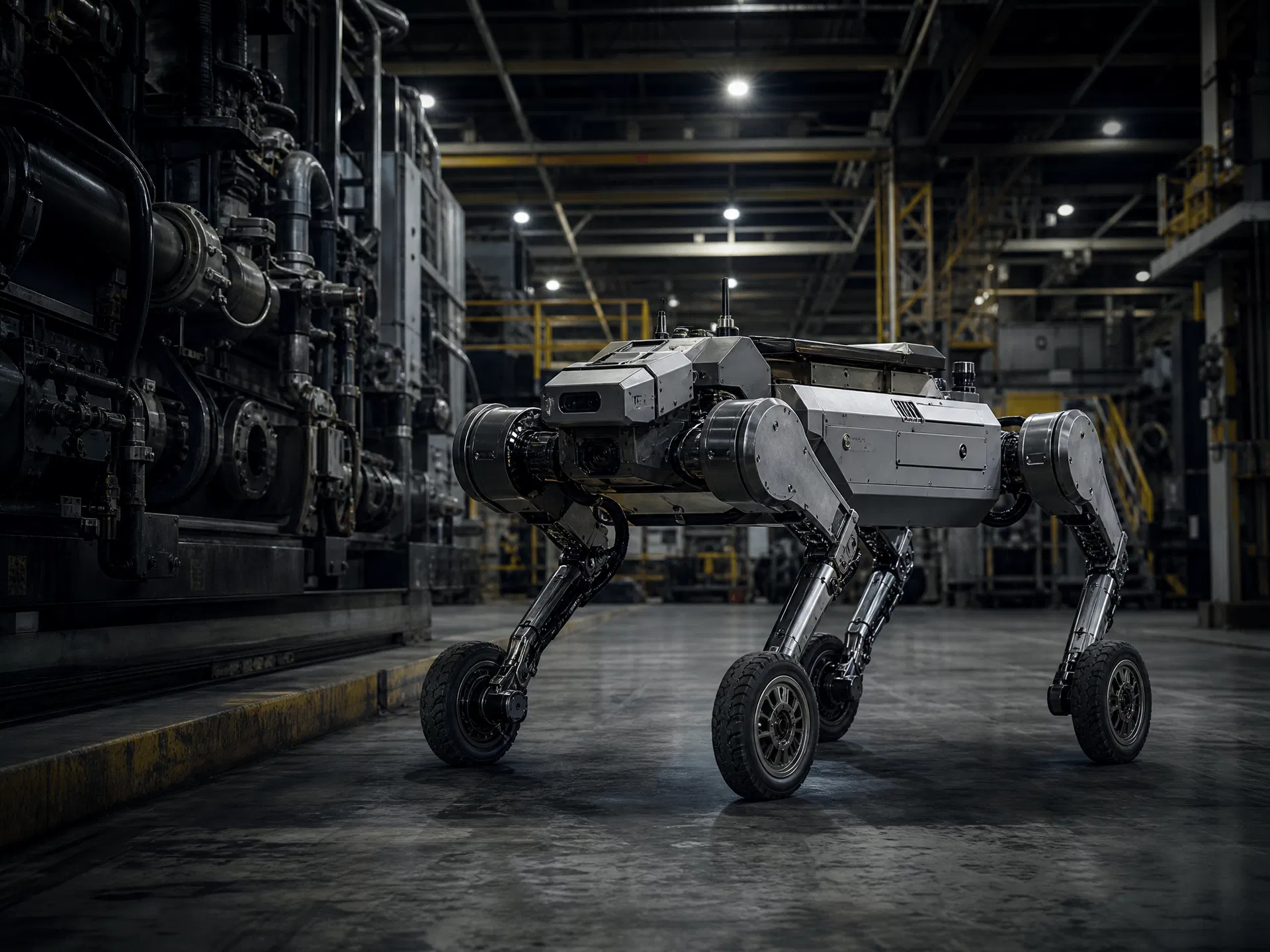 Heavy-duty wheel-legged robot performing predictive maintenance in industrial plant