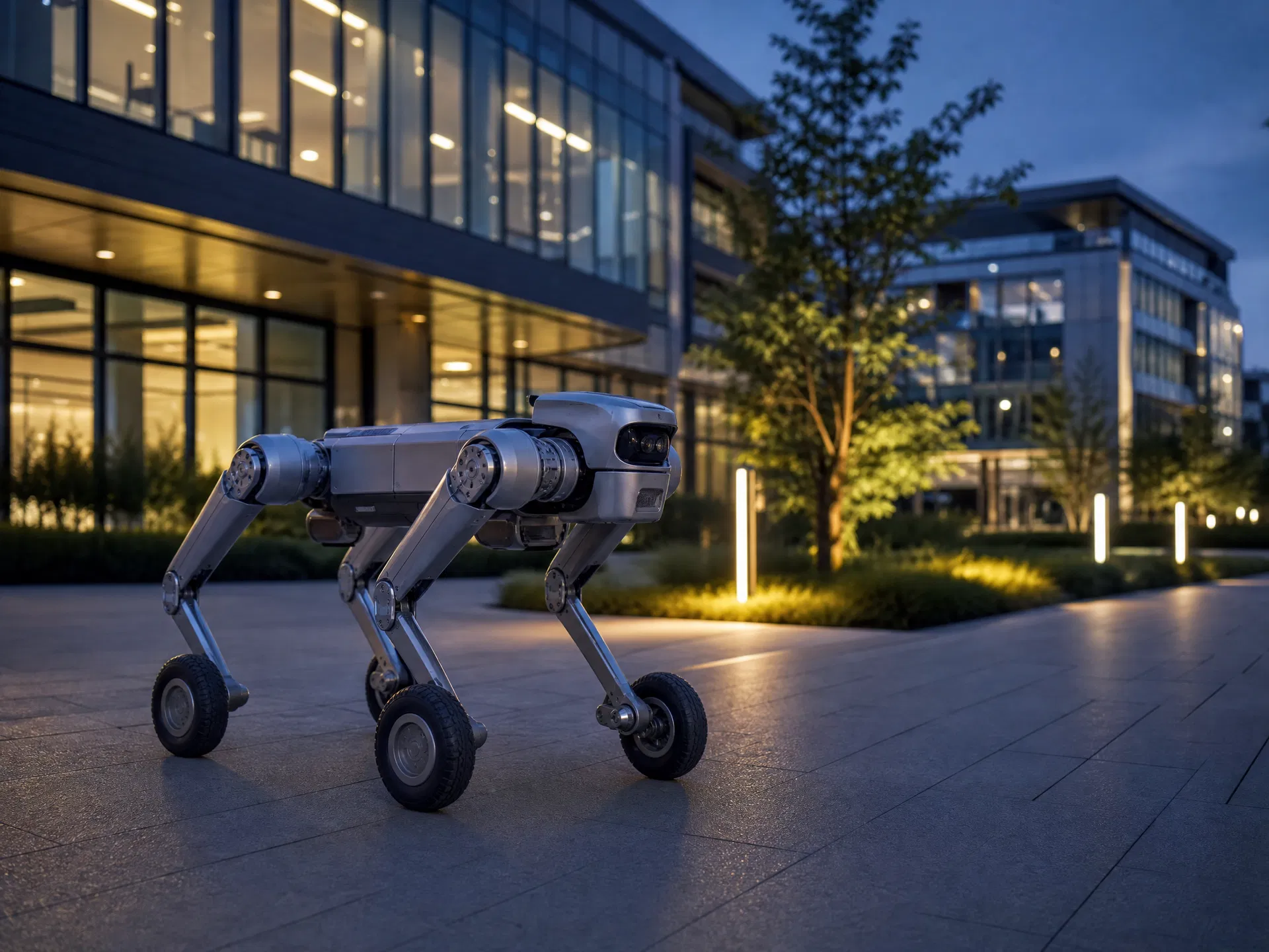 RZTL-1W wheel-legged robot on campus security patrol at dusk