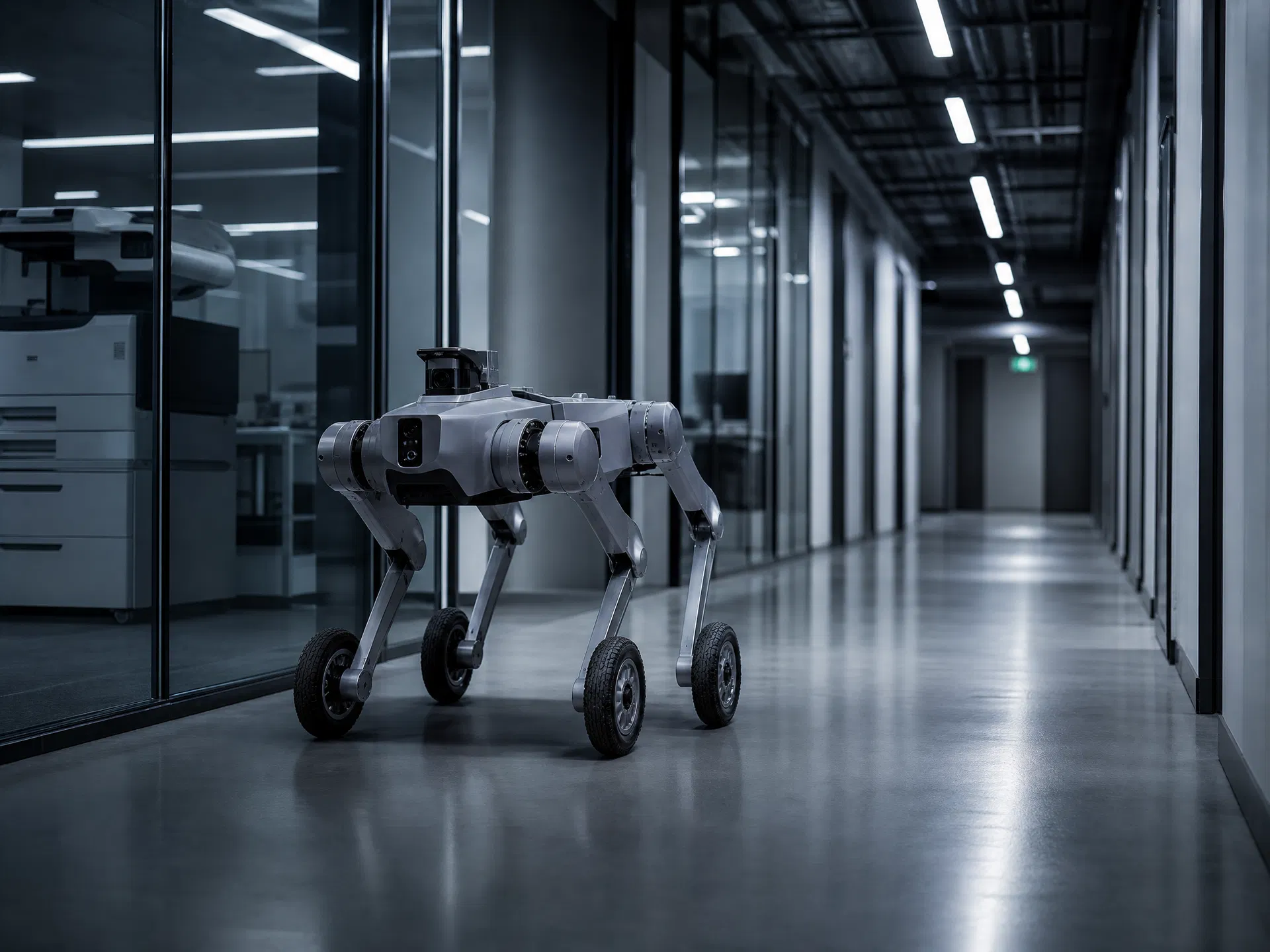 RZTL-1W wheel-legged robot navigating indoor office corridor