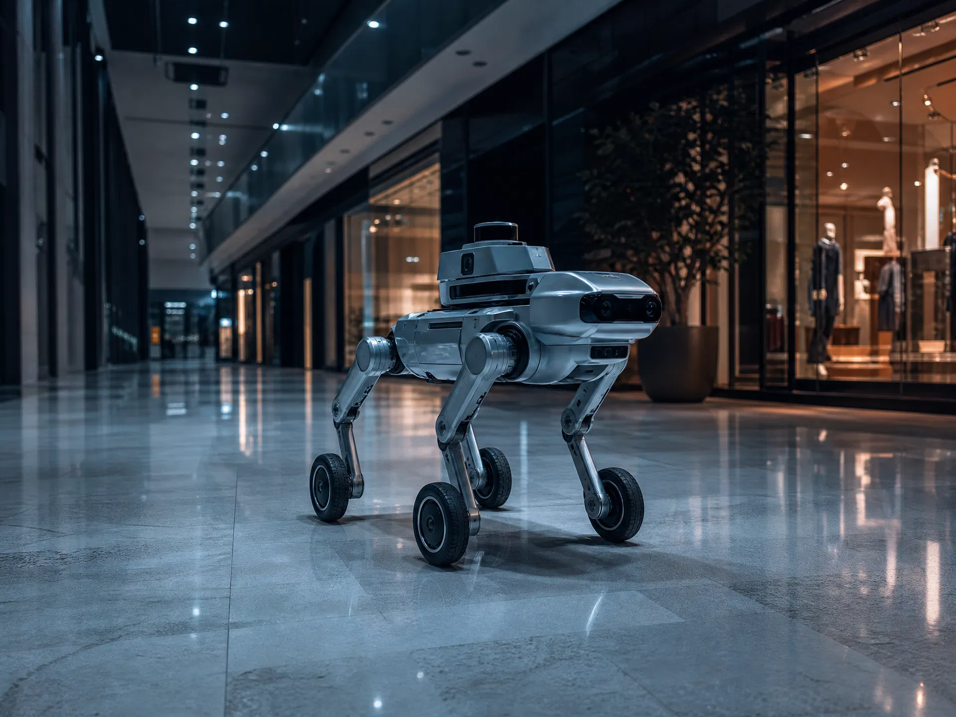 RZTL-1W wheel-legged robot patrolling shopping mall at night