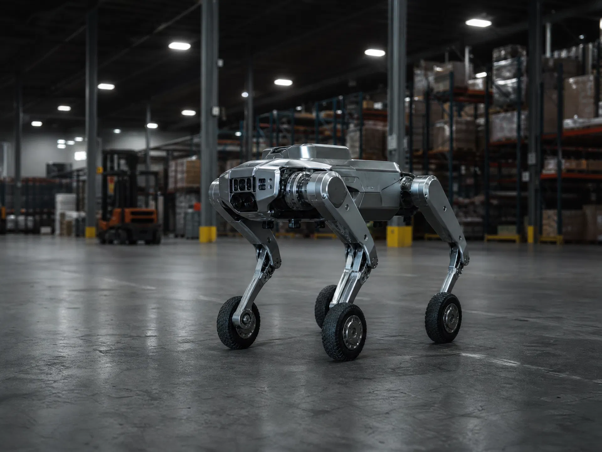 RZTL-1W wheel-legged robot patrolling warehouse and logistics facility