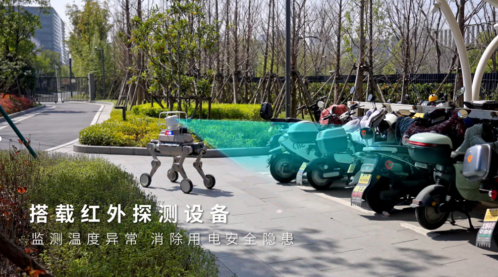 Quadruped robot equipped with infrared sensor patrolling parking area to detect temperature anomalies