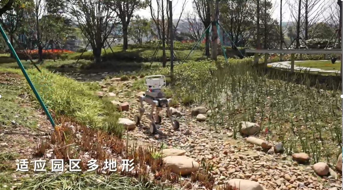 Quadruped robot patrolling campus grounds across mixed terrain including gravel paths and grass