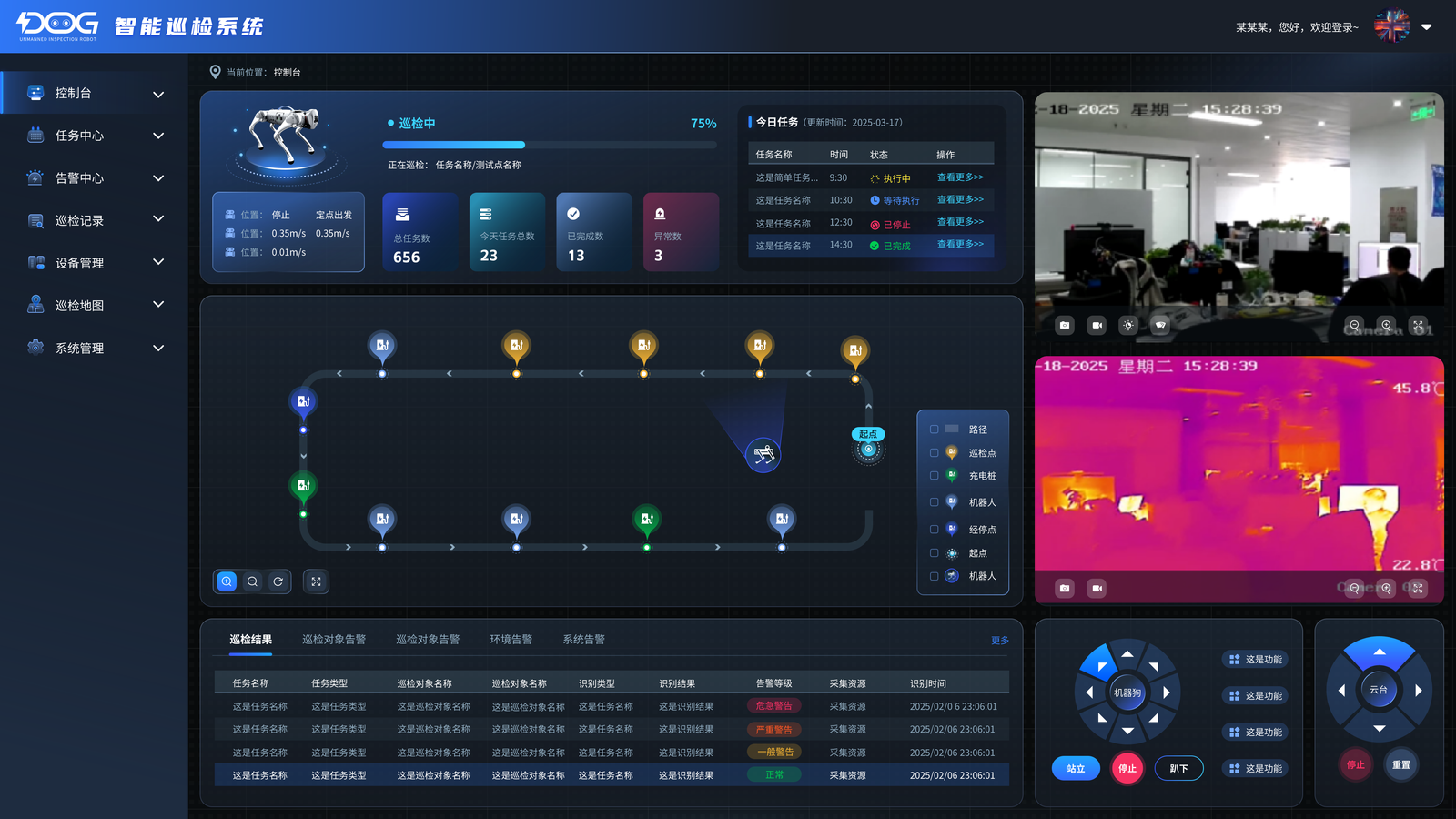 Intelligent inspection system management dashboard showing robot status, patrol map, task queue, thermal feed, and alert management