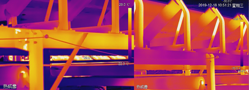 Infrared thermal inspection of electrical equipment showing temperature anomaly heat map in power distribution room
