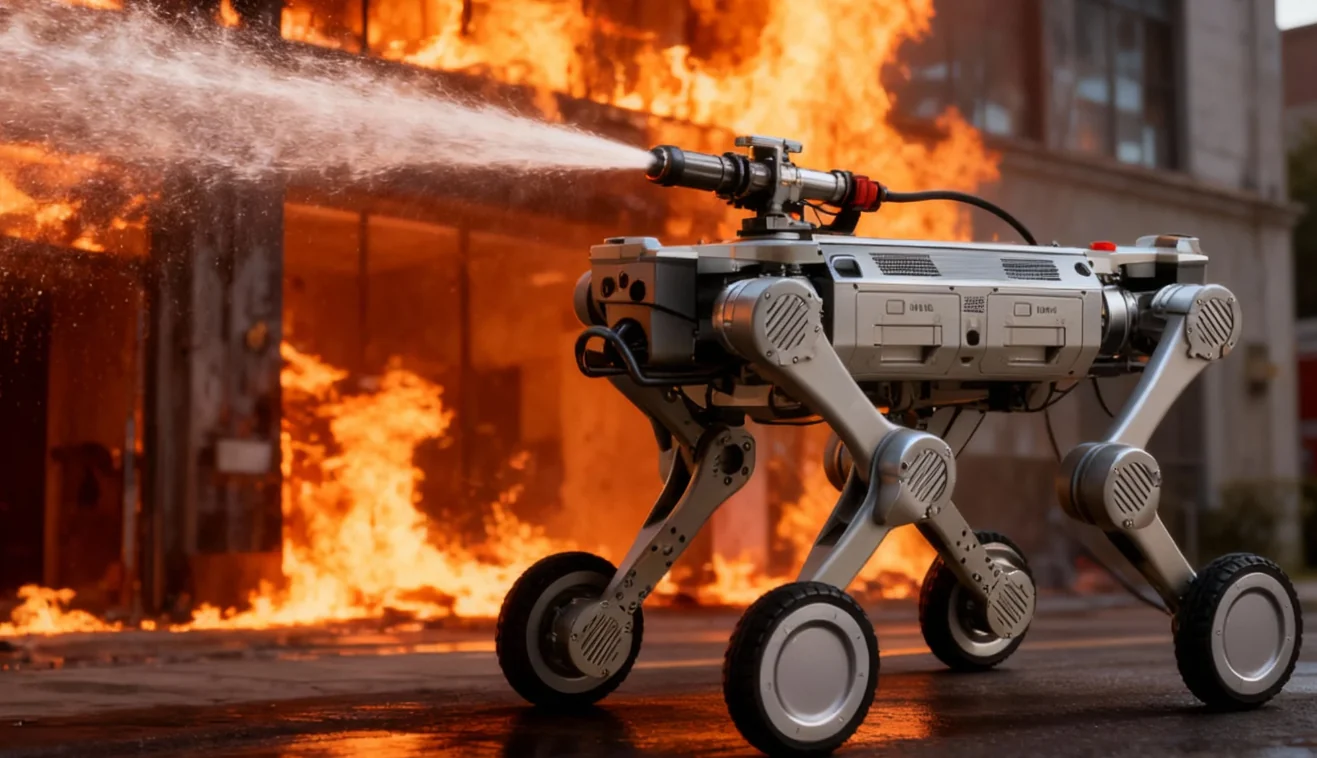 RZTM-1 firefighting quadruped robot suppressing industrial fire with water cannon